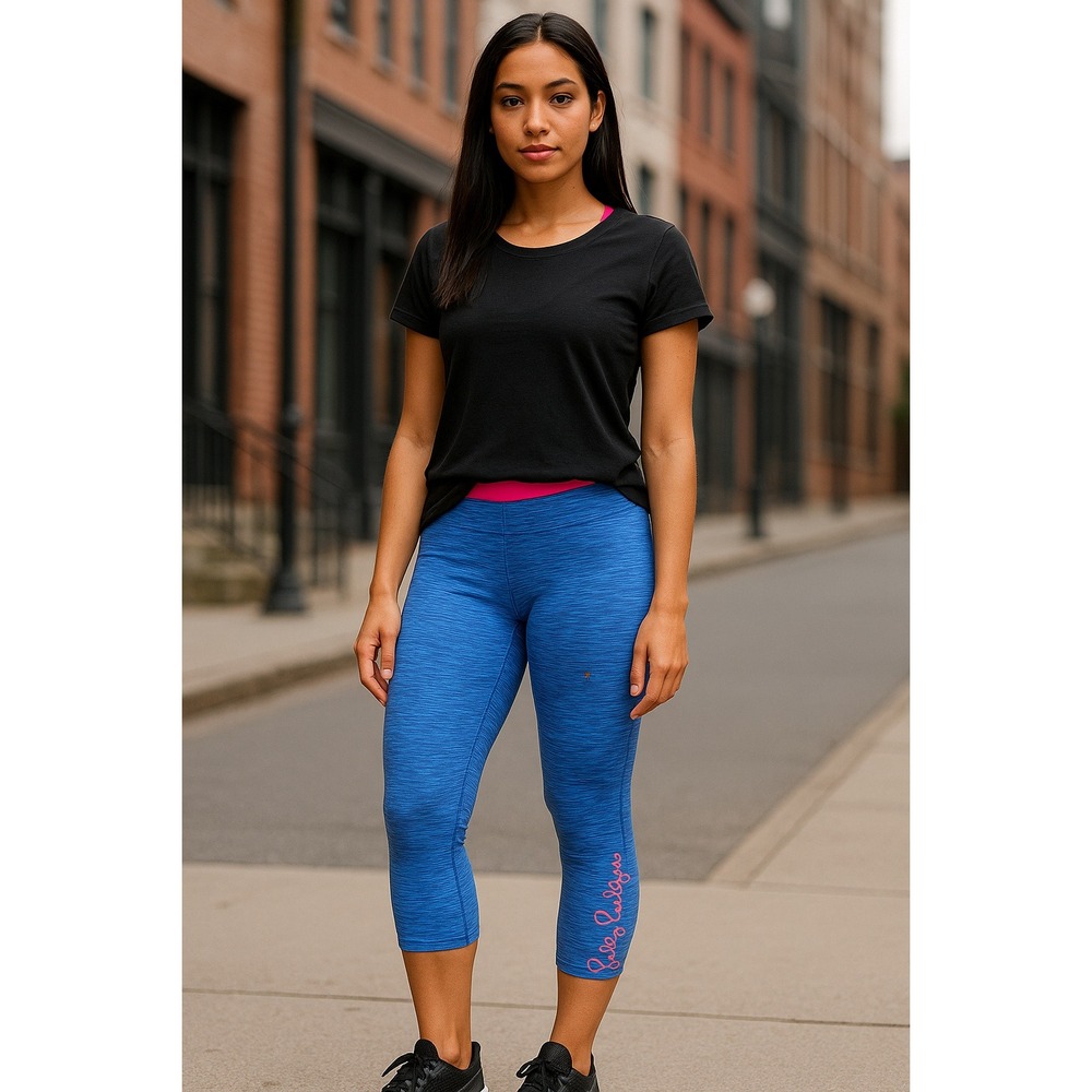 Lilly Pulitzer Women's Leggings M Blue Pink Trim‎ Activewear Yoga Pants Capris